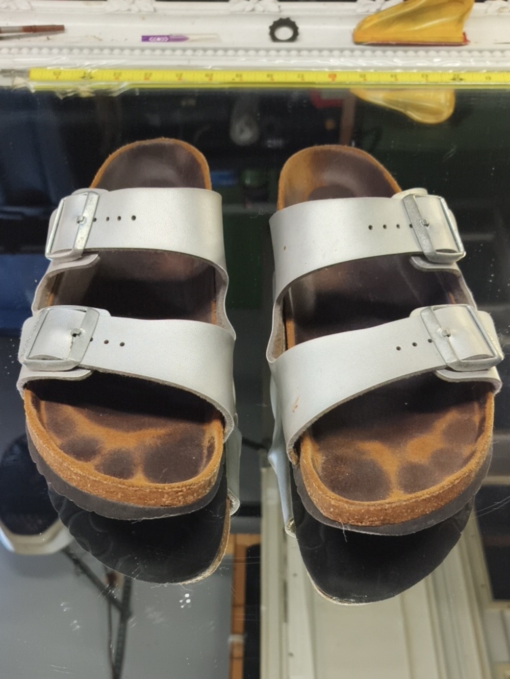 Mens 9.5 Birkenstock Arizona sandals in a metallic silver finish